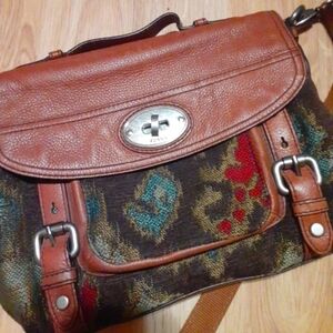 FOSSIL Long Live Vintage 1954 MADDOX SATCHEL TAPESTRY Leather CROSSBODY Bag